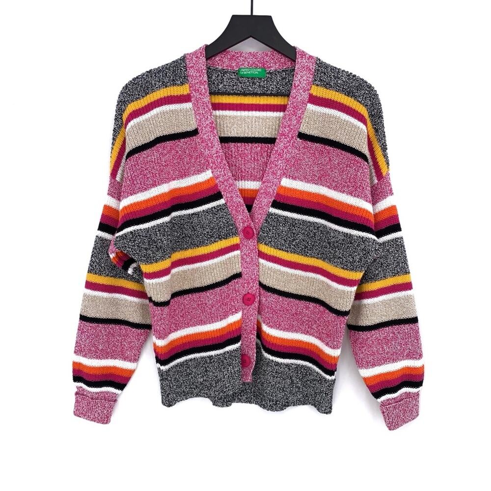 UNITED COLORS OF BENETTON Striped Chunky Knit Cardigan Pink Black XS/S